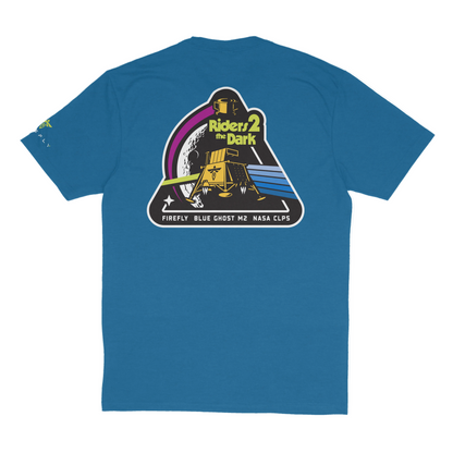 Blue t-shirt with a graphic design on the back featuring text and symbols.
