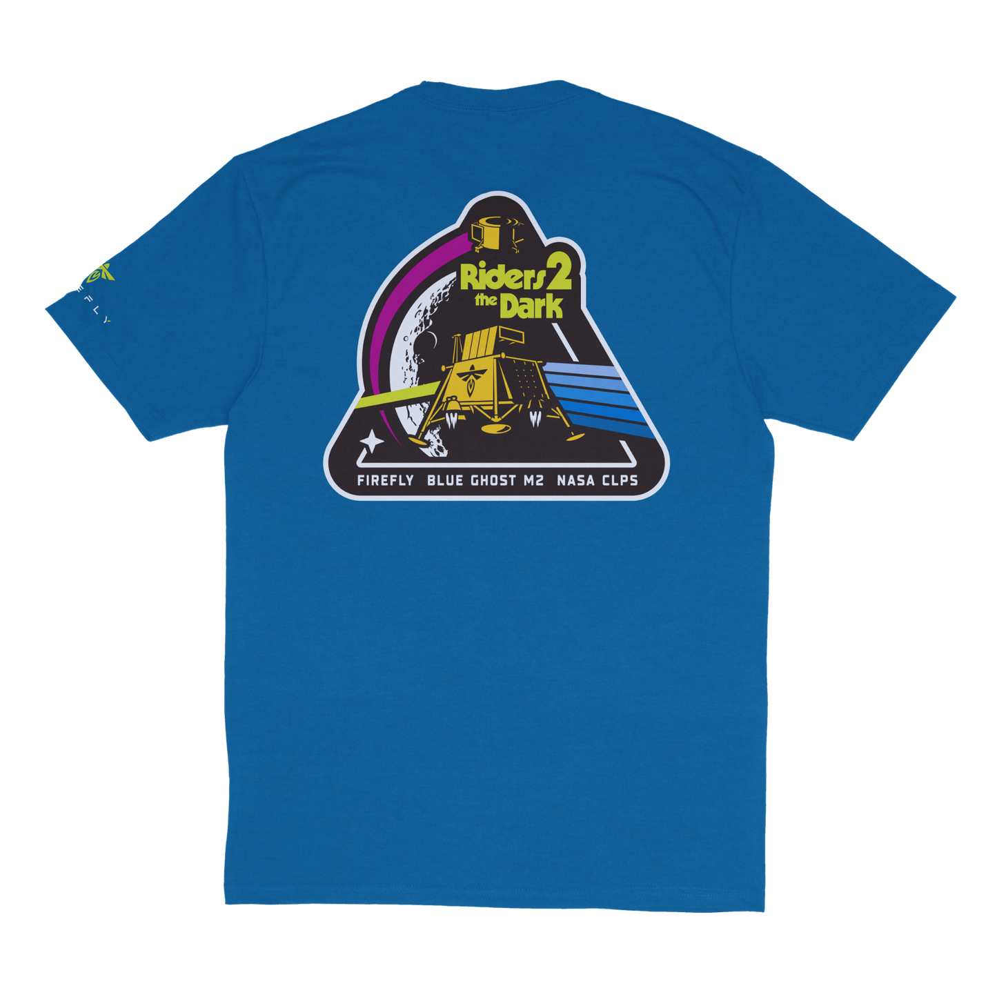 Blue t-shirt with a graphic design on the back featuring text and graphics.