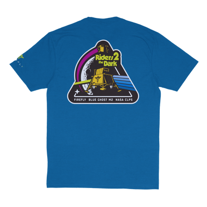 Blue t-shirt with a graphic design on the back featuring text and graphics.