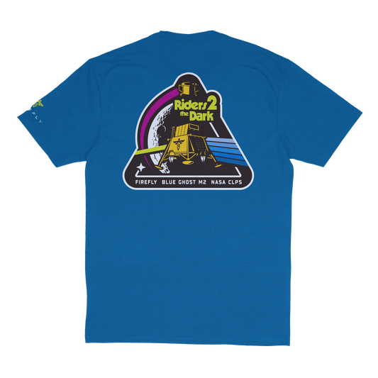 Blue t-shirt with a graphic design on the back featuring text and graphics.