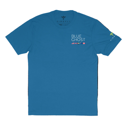 Blue t-shirt with 'Blue Ghost' text and logos on a white background