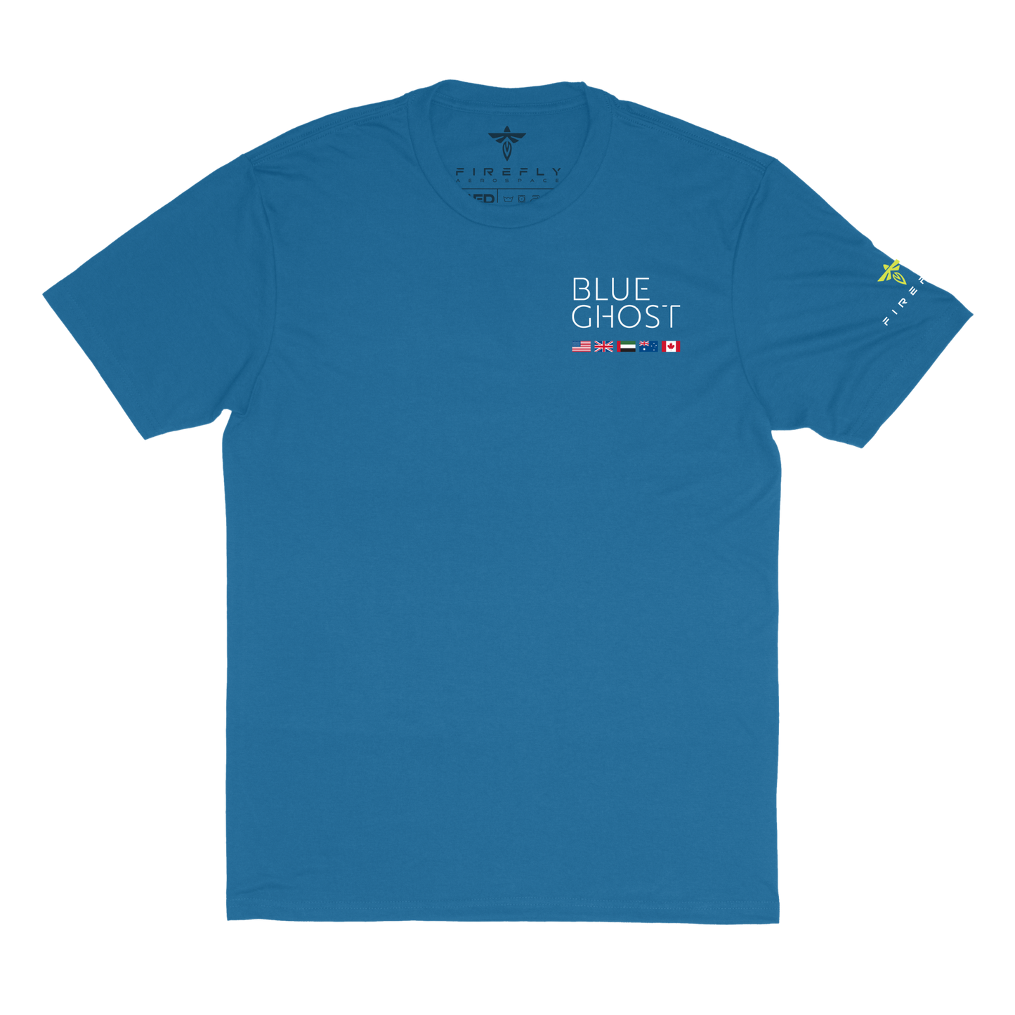 Blue t-shirt with 'Blue Ghost' text and logos on a white background