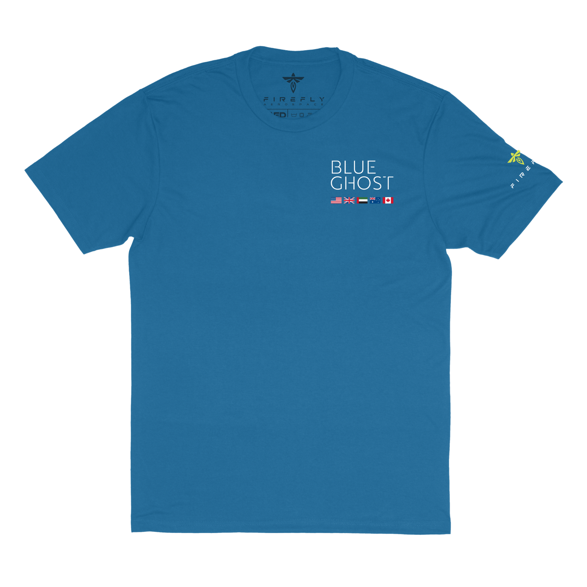 Blue t-shirt with 'Blue Ghost' text and logos on a white background