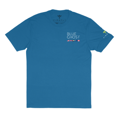 Blue t-shirt with 'Blue Ghost' text and logos on a white background