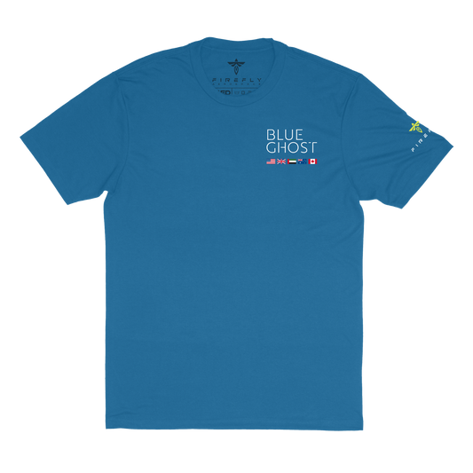 Blue t-shirt with 'Blue Ghost' text and logos on a white background