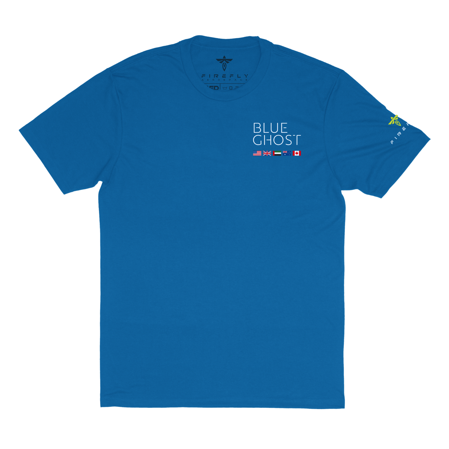 Blue t-shirt with 'Blue Ghost' text and logos on a white background