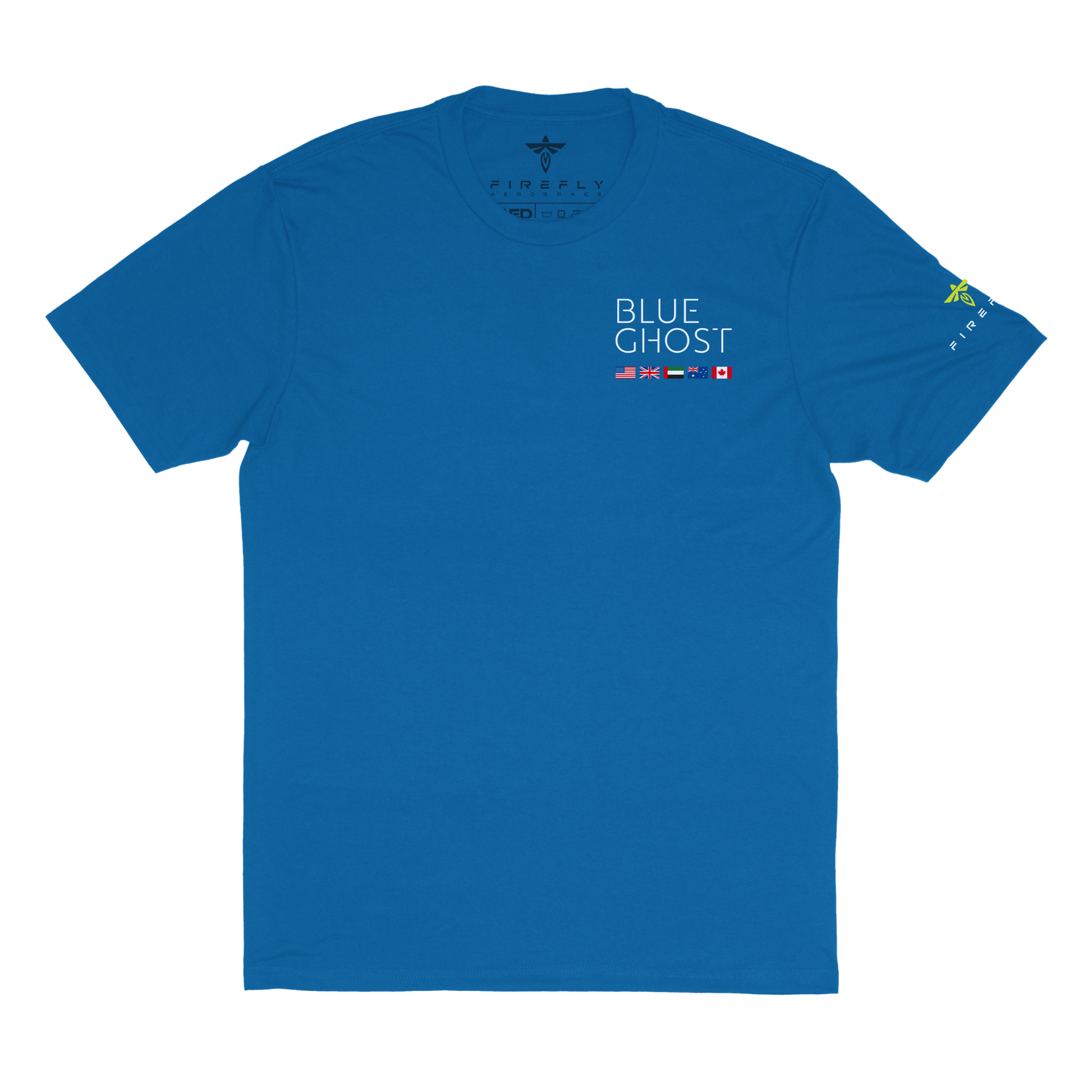 Blue t-shirt with 'Blue Ghost' text and logos on a white background