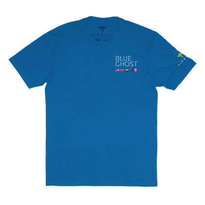 Blue t-shirt with 'Blue Ghost' text and logos on a white background