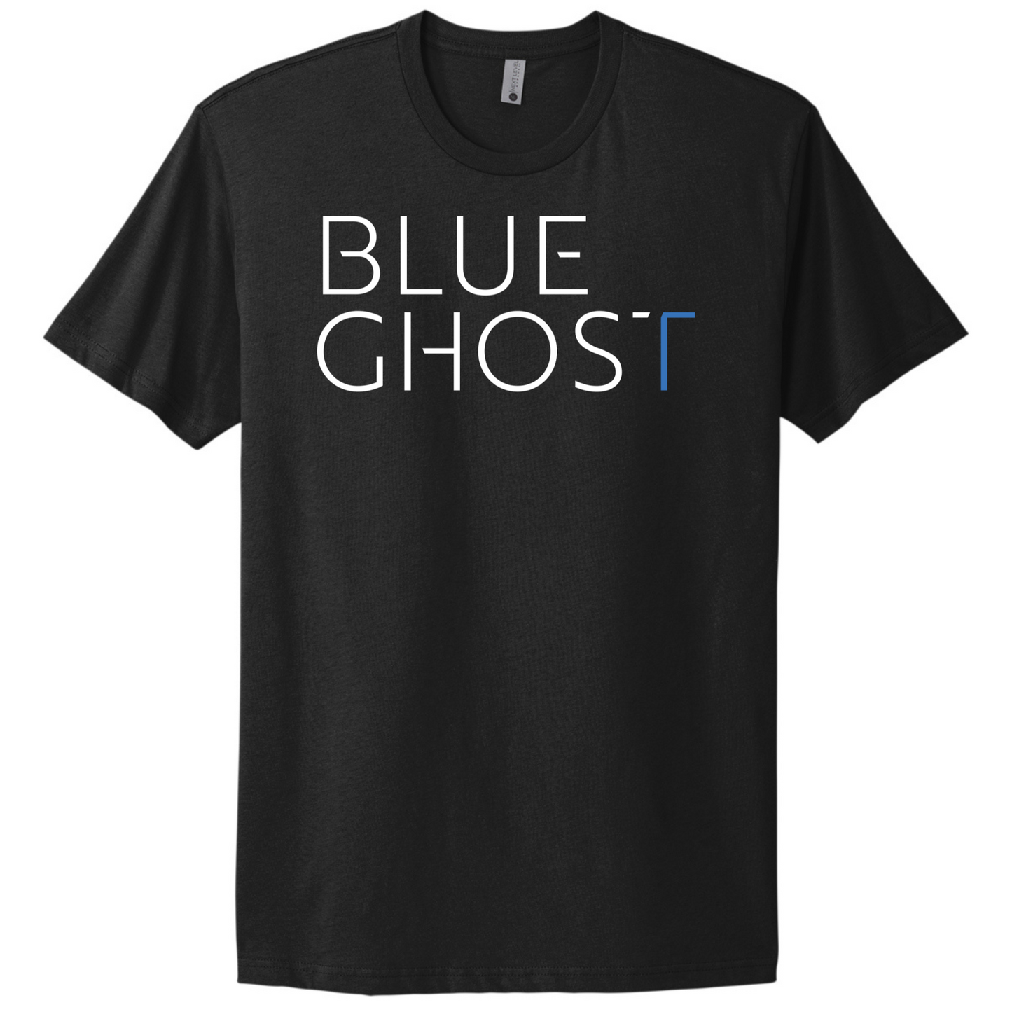 Black t-shirt with 'BLUE GHOST' text in blue and white on the front.