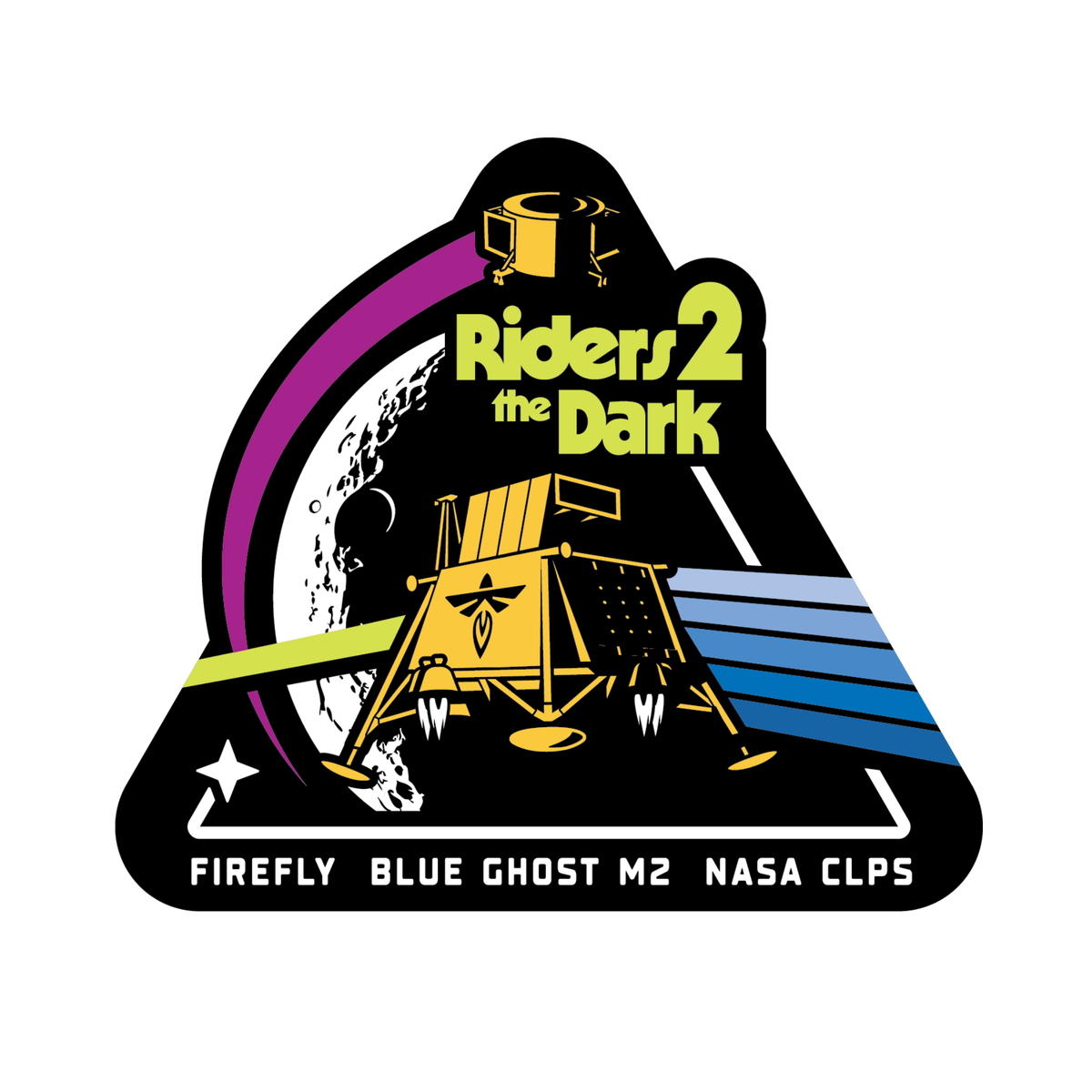 Logo for 'Riders 2 the Dark' with space-themed design and text.