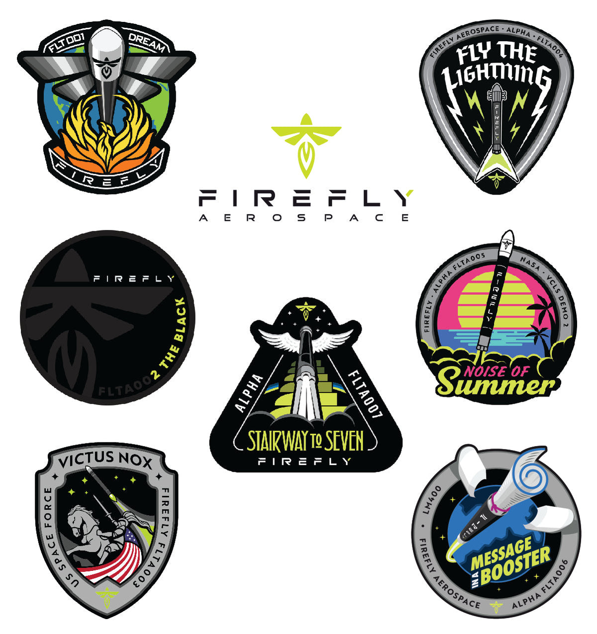 Collection of Firefly Aerospace logos and emblems on a white background