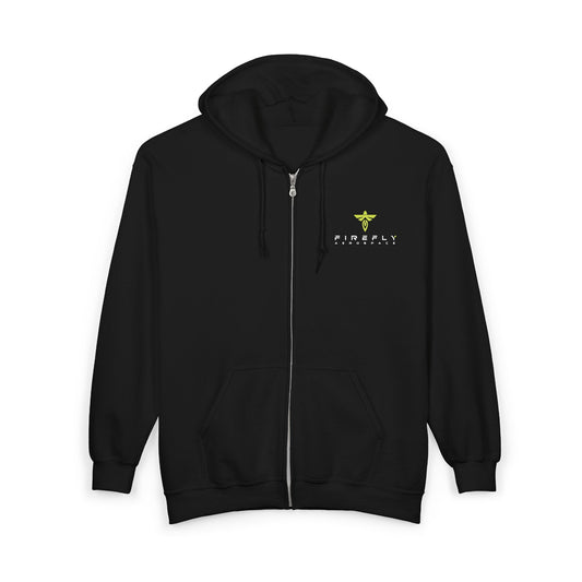 Black hoodie with a gold logo on a white background