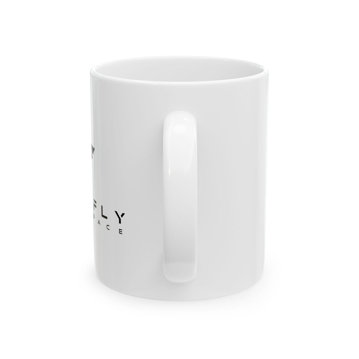 White mug with black line art design on a white background