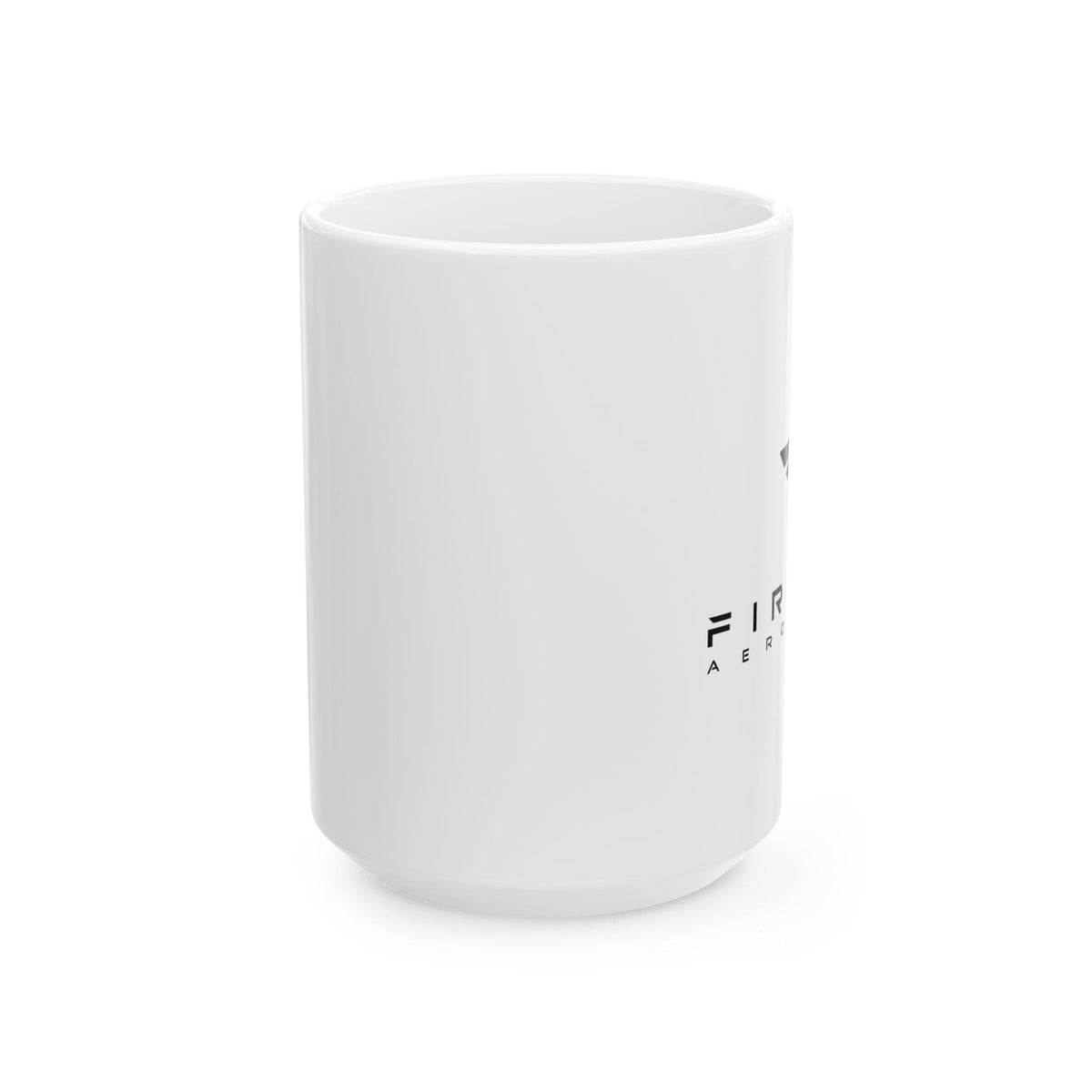 White ceramic mug with a logo on a white background