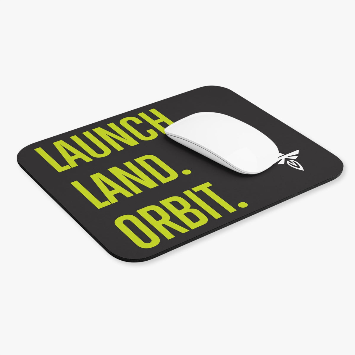 Mouse pad with 'Launch Land Orbit' text and a white mouse on a light gray background