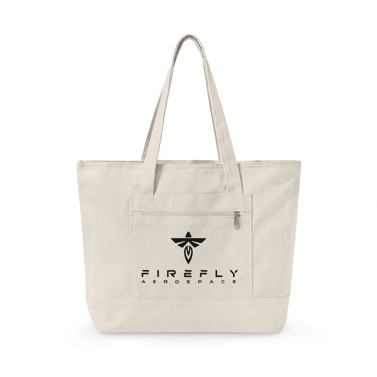 Beige tote bag with Firefly Aerospace logo on a white background