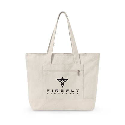 Beige tote bag with Firefly Aerospace logo on a white background