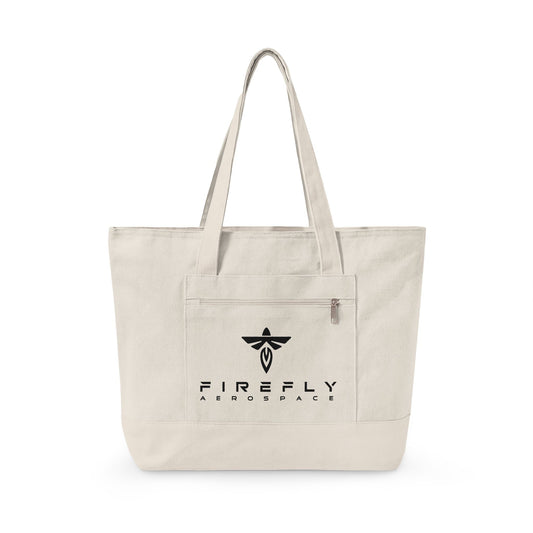 Beige tote bag with Firefly Aerospace logo on a white background