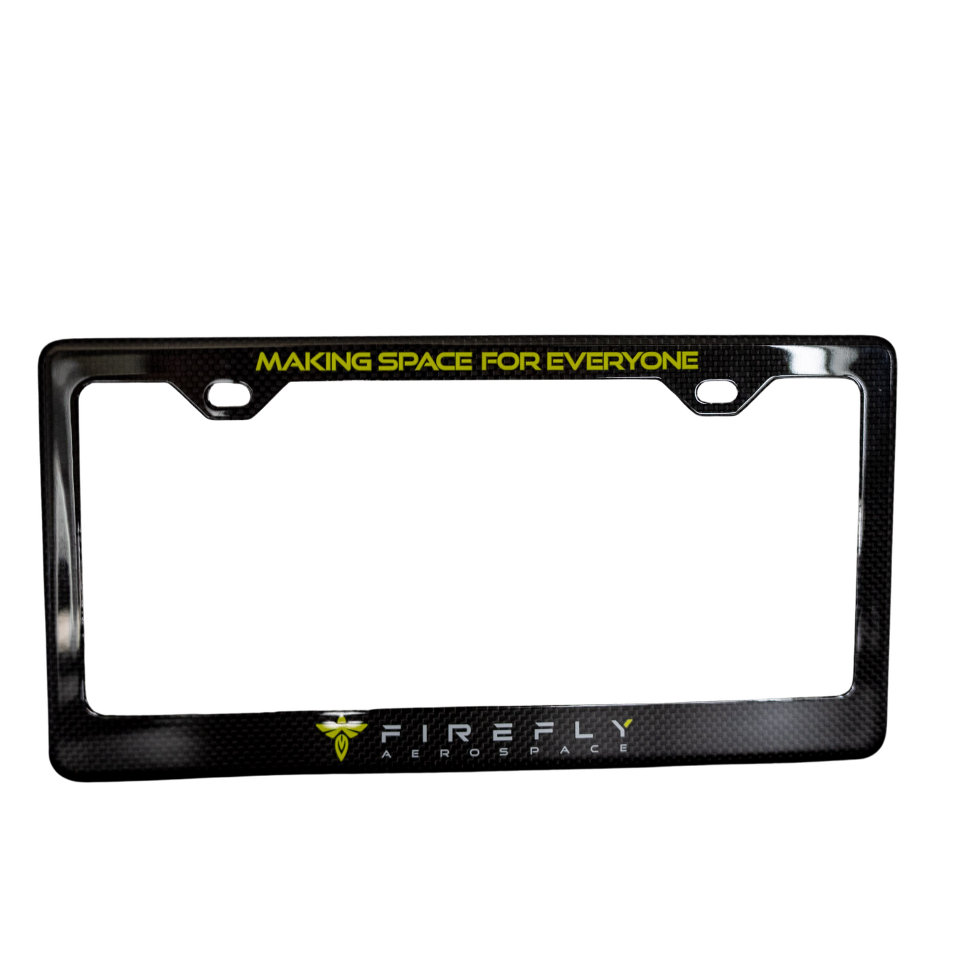 A black carbon fiber license plate frame with the Firefly logo and the phrase 'MAKING SPACE FOR EVERYONE' printed on it.