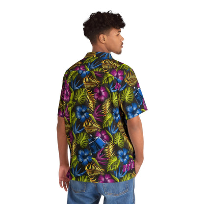 Person wearing a colorful tropical patterned shirt on a white background