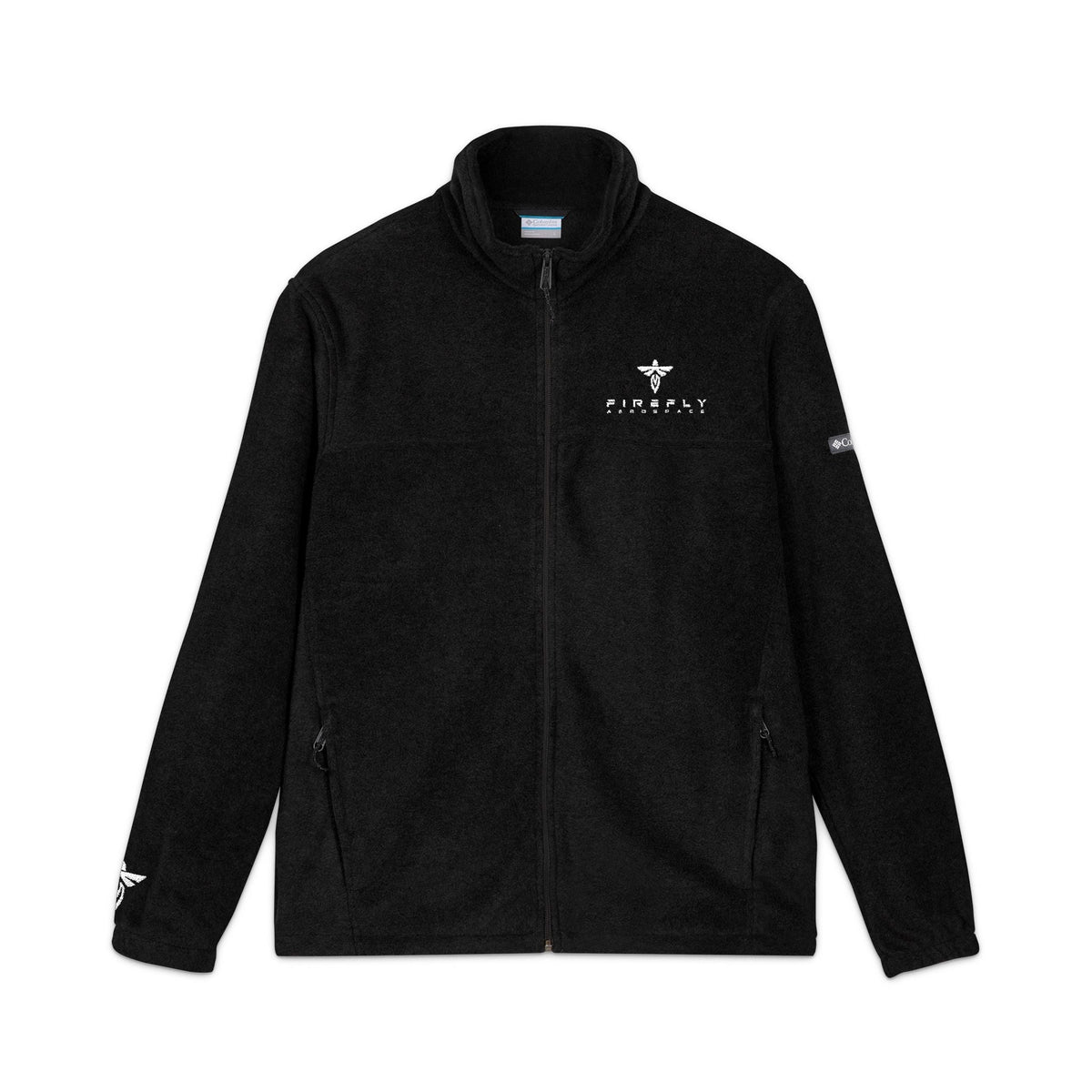 A black fleece zip-up jacket with a stand-up collar, featuring a white printed logo on the left chest and a small white logo on the right sleeve, displayed against a solid white background.