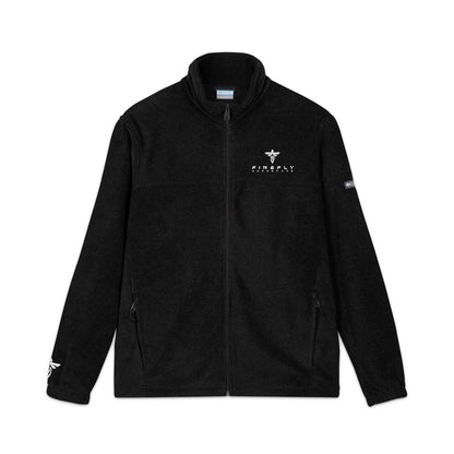 A black fleece zip-up jacket with a stand-up collar, featuring a white printed logo on the left chest and a small white logo on the right sleeve, displayed against a solid white background.