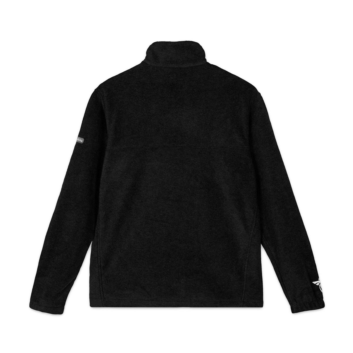 Black fleece pullover jacket shown from the back, featuring a mock neck collar and subtle white embroidered logos on both sleeves, set against a plain white background.