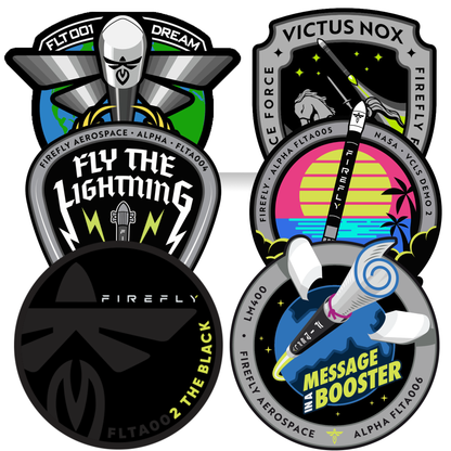 A collection of six embroidered patches with various designs and the brand 'Firefly' featured prominently in different styles and colors.