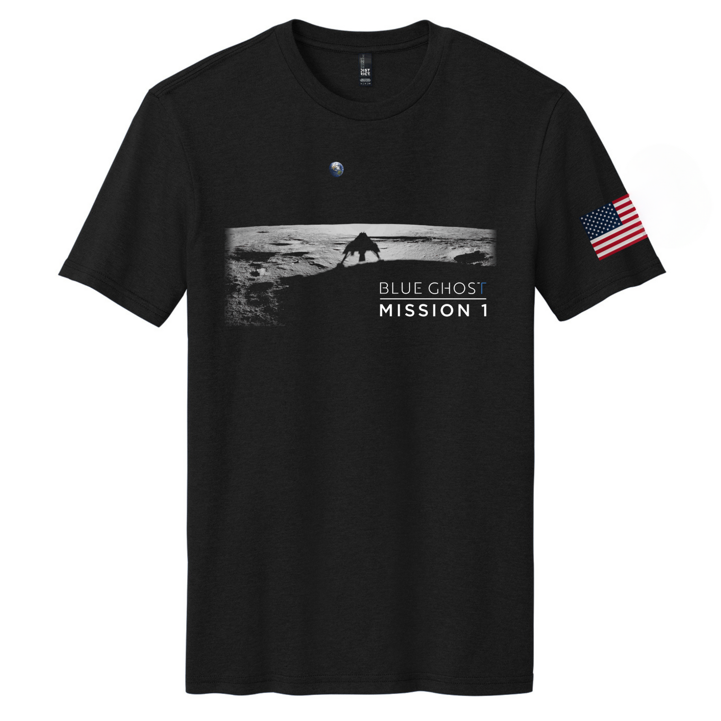 A black t-shirt featuring a graphic design of the Blue Ghost Moon Landing with a silhouette of the Moon's surface and an American flag, along with the text 'BLUE GHOST MISSION 1'.