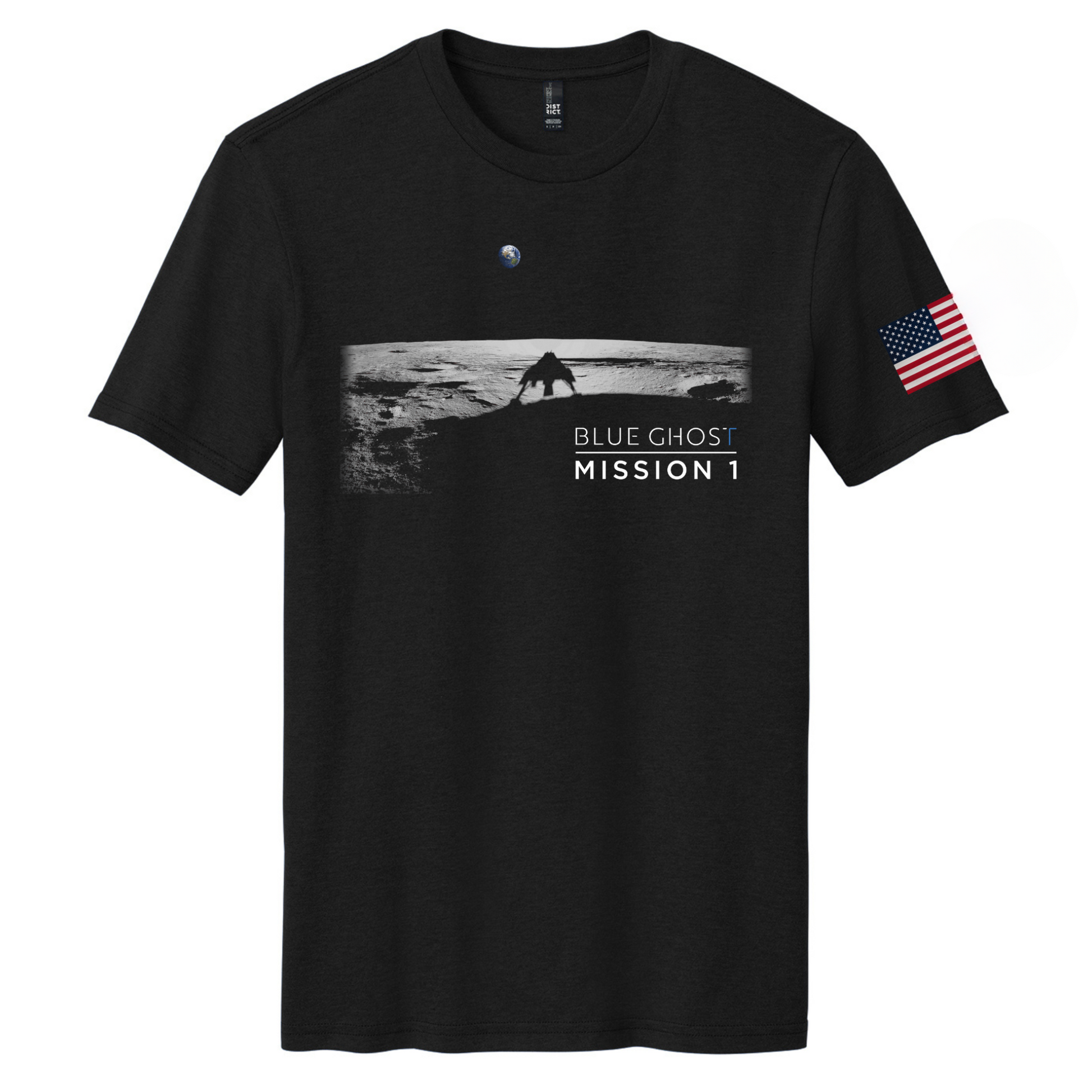 A black t-shirt featuring a graphic design of the Blue Ghost Moon Landing with a silhouette of the Moon's surface and an American flag, along with the text 'BLUE GHOST MISSION 1'.
