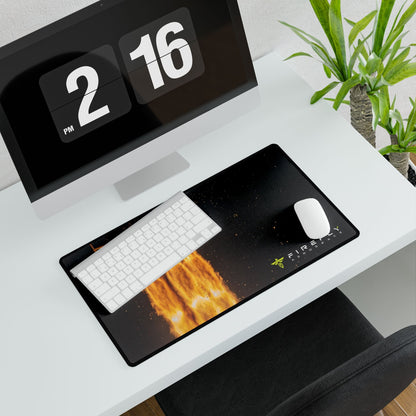 A large rectangular desk mat with a black background and a fiery orange-yellow graphic, styled on a white desk with a keyboard, mouse, computer monitor, and potted plant.
