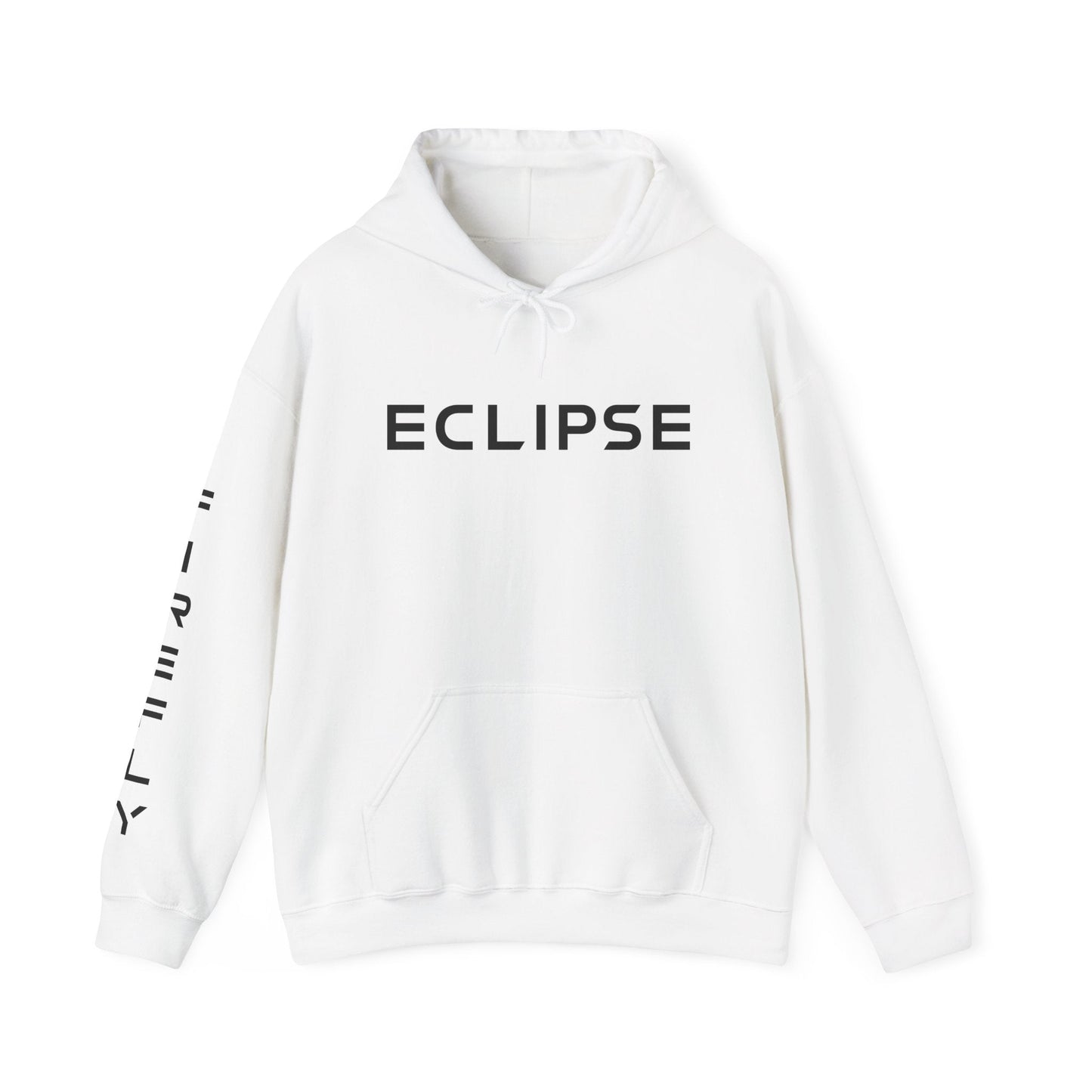 A white pullover hoodie with 'ECLIPSE' printed in black across the chest and vertical black text down the right sleeve, shown on a plain white background.