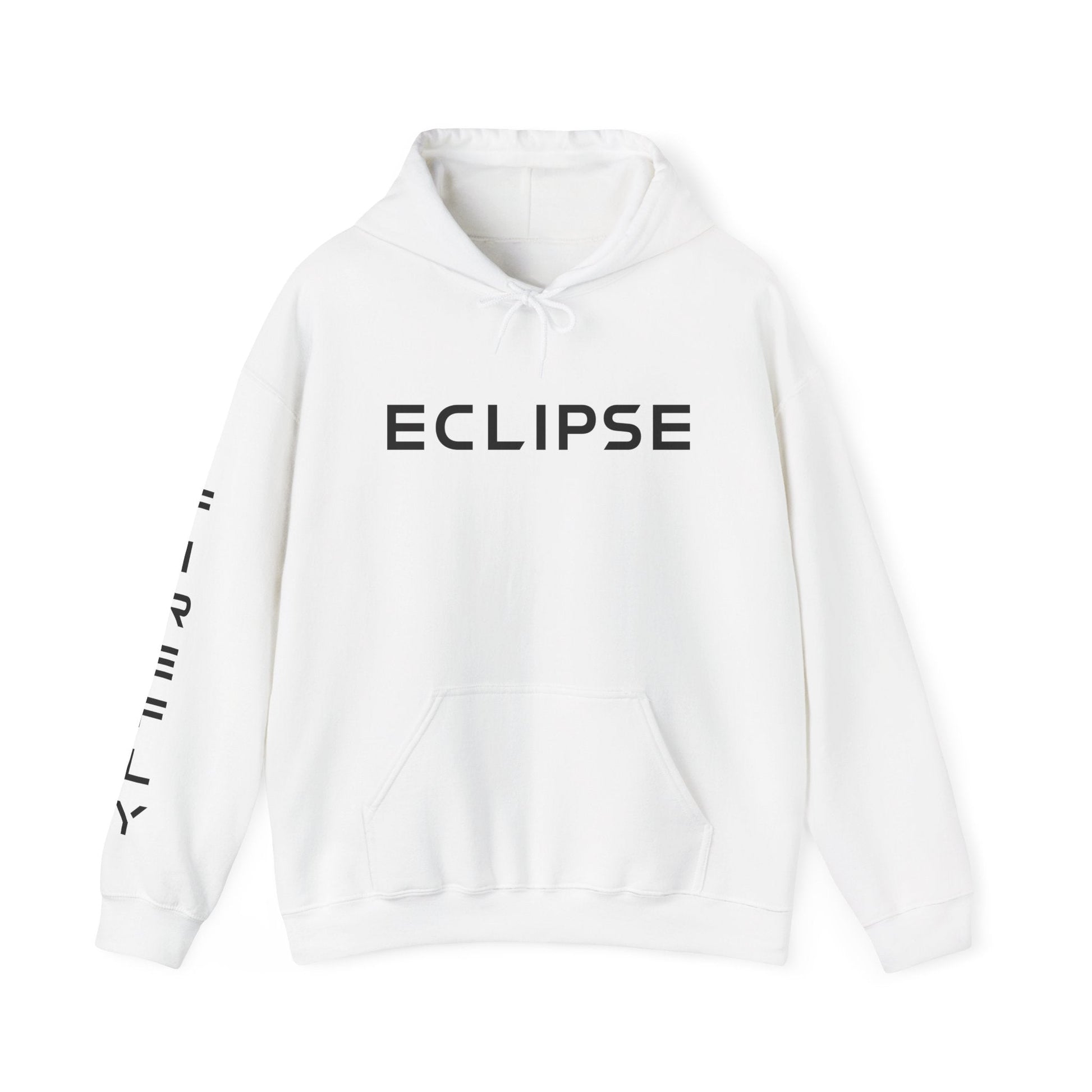 A white pullover hoodie with 'ECLIPSE' printed in black across the chest and vertical black text down the right sleeve, shown on a plain white background.
