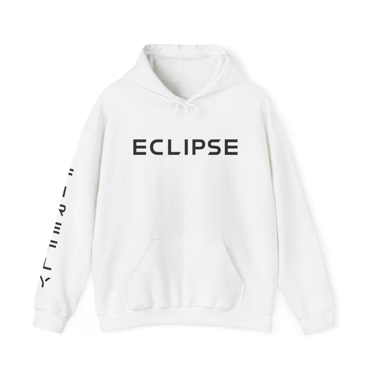A white pullover hoodie with 'ECLIPSE' printed in black across the chest and vertical black text down the right sleeve, shown on a plain white background.