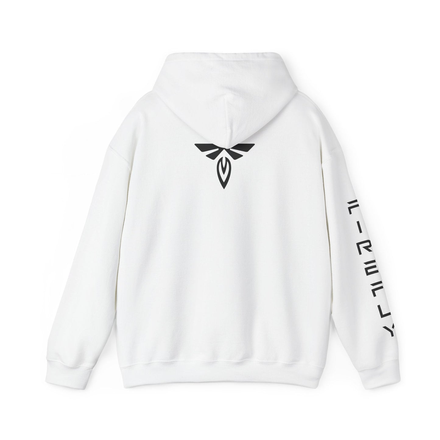 A white pullover hoodie shown from the back, featuring a black winged emblem printed on the upper back and vertical black text running down one sleeve, set against a plain white background.