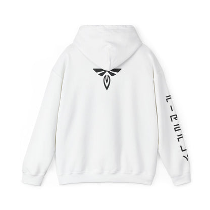 A white pullover hoodie shown from the back, featuring a black winged emblem printed on the upper back and vertical black text running down one sleeve, set against a plain white background.