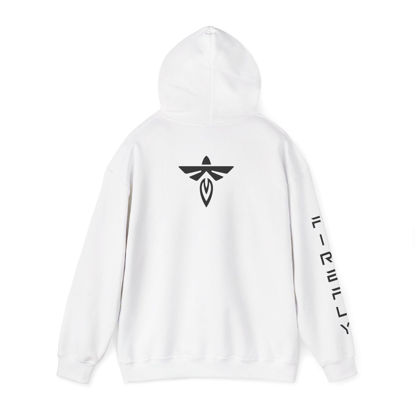 White pullover hoodie shown from the back, featuring a black stylized bird-like logo centered on the upper back and vertical black text running down one sleeve, photographed on a plain white background.