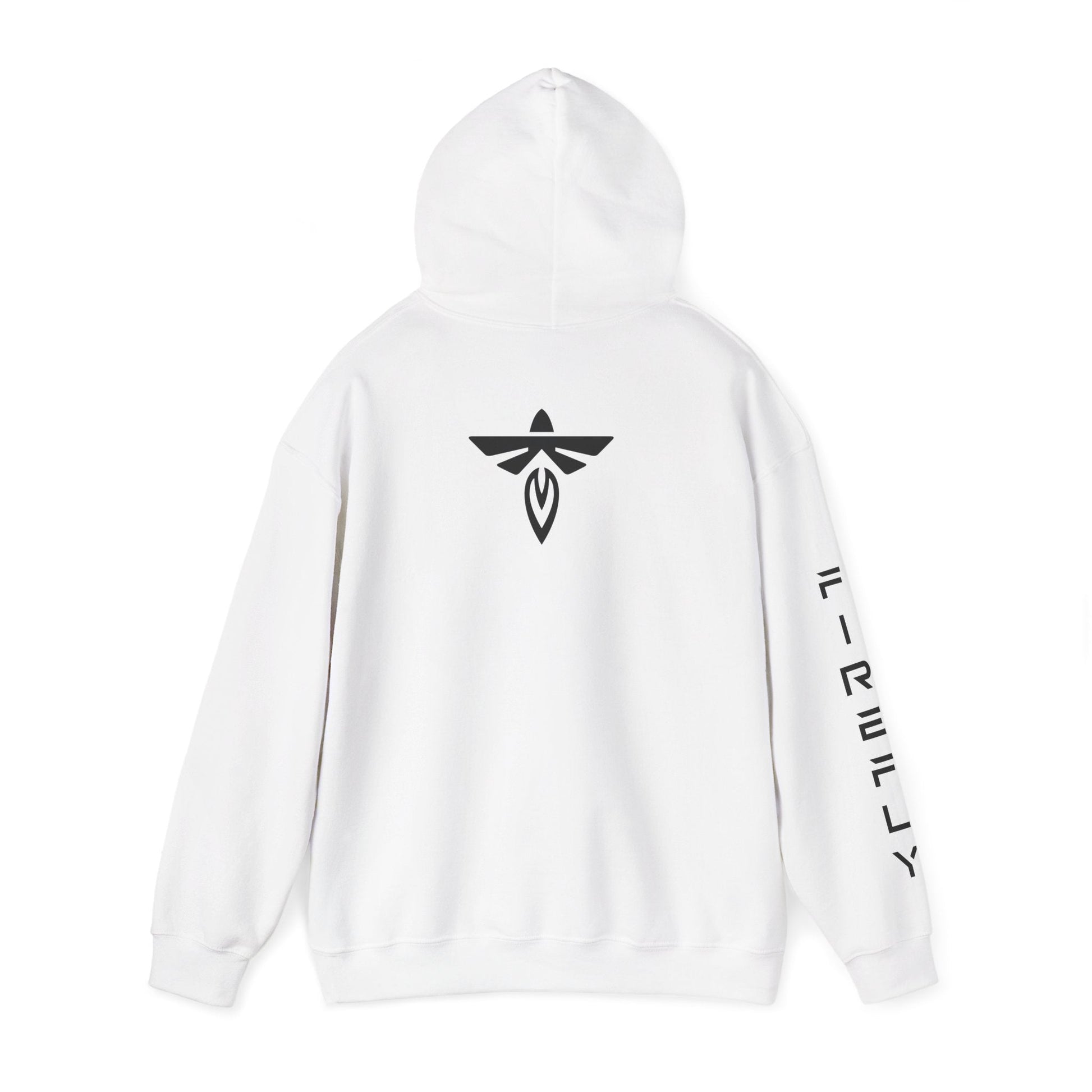 White pullover hoodie shown from the back, featuring a black stylized bird-like logo centered on the upper back and vertical black text running down one sleeve, photographed on a plain white background.