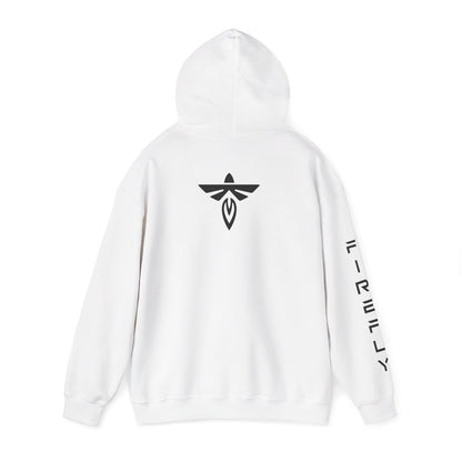 White pullover hoodie shown from the back, featuring a black stylized bird-like logo centered on the upper back and vertical black text running down one sleeve, photographed on a plain white background.