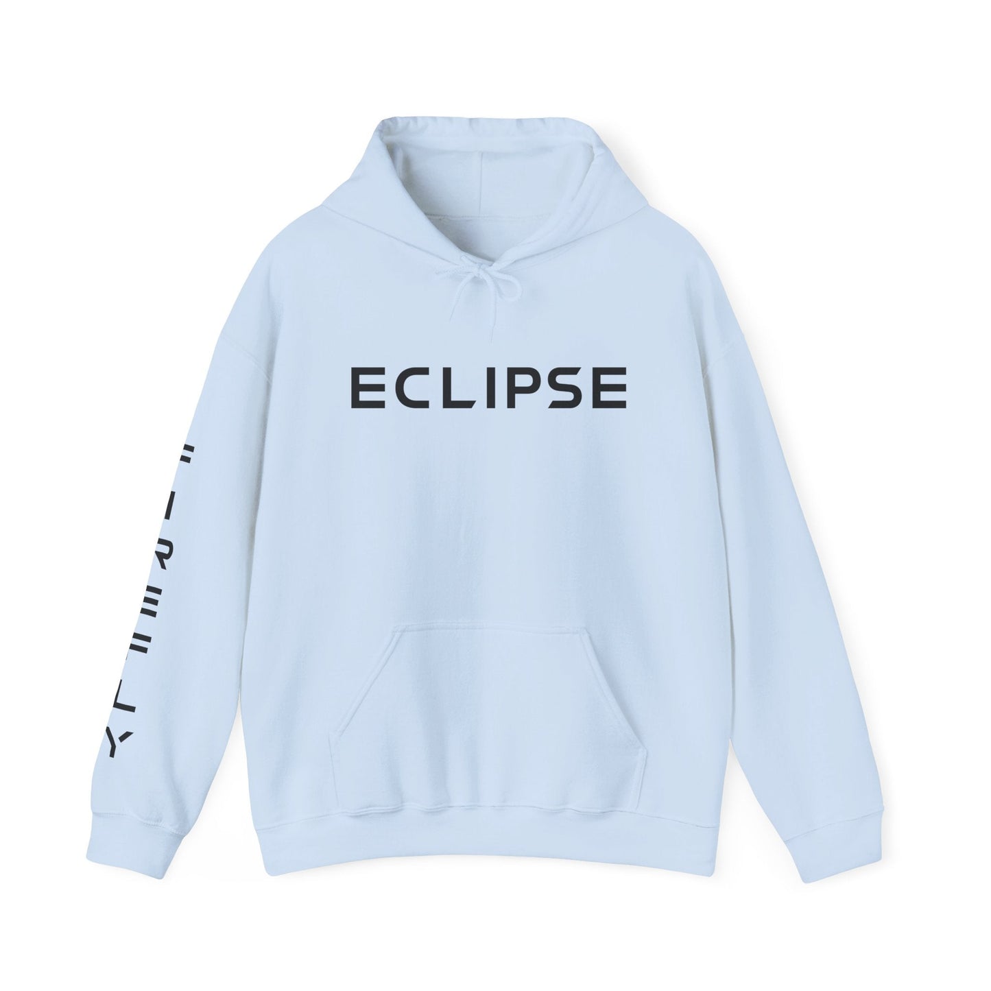 A light blue pullover hoodie with 'ECLIPSE' printed in bold black letters across the chest and additional black text down the right sleeve, shown on a plain white background.