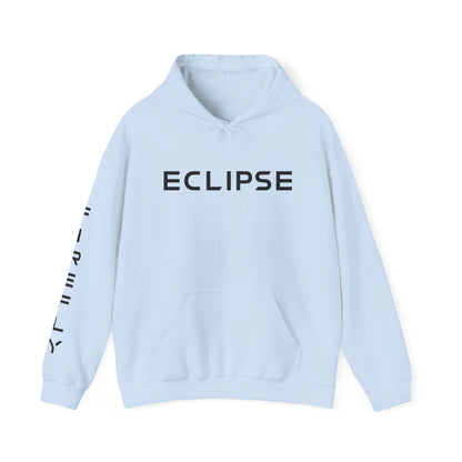 A light blue pullover hoodie with 'ECLIPSE' printed in bold black letters across the chest and additional black text down the right sleeve, shown on a plain white background.