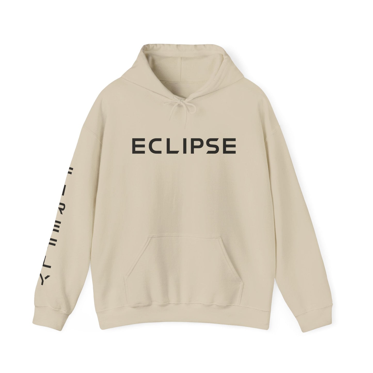 A beige pullover hoodie with 'ECLIPSE' printed in bold black letters across the chest and additional black text down the left sleeve, shown on a plain white background.