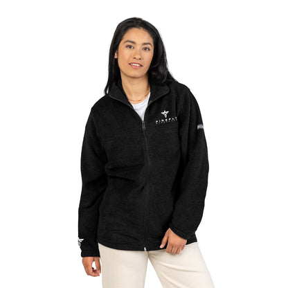 Woman wearing a black fleece jacket on a white background
