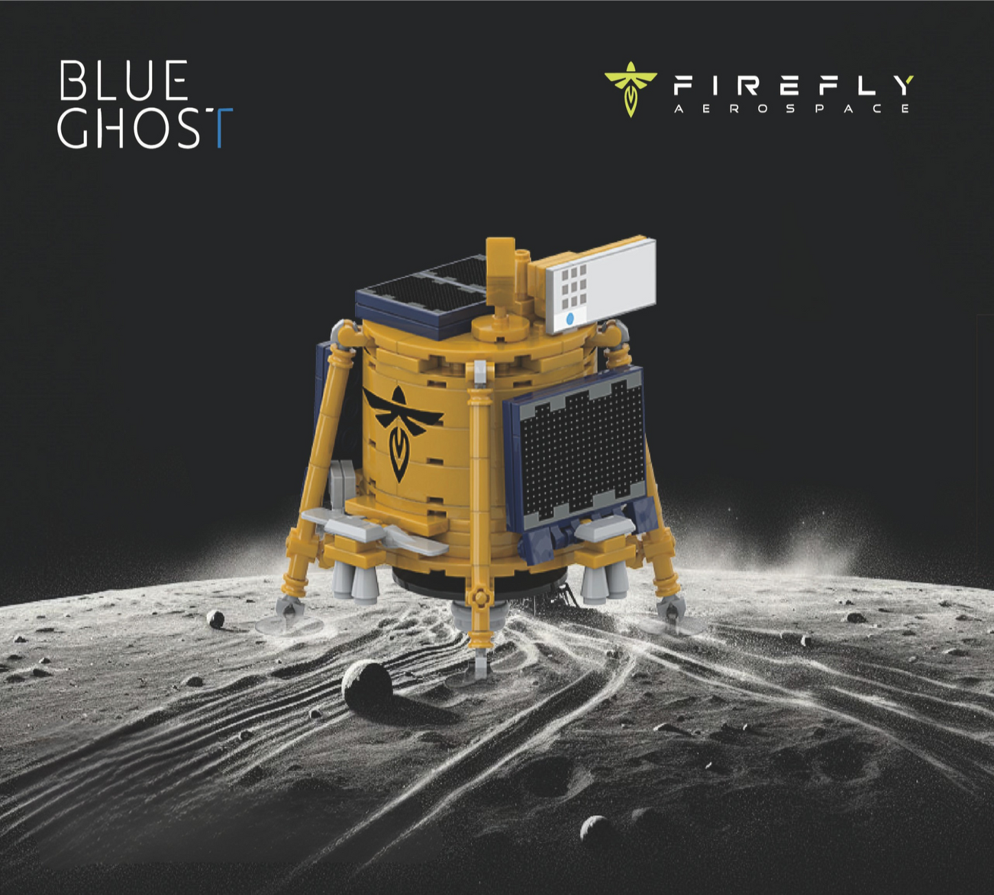 Image featuring the Blue Ghost Mission 1 Building Blocks Set, depicting the completed model of a lunar lander on a stylized moon surface background. Modeled after Blue Ghost Mission 1 launched and landed by Firefly Aerospace.