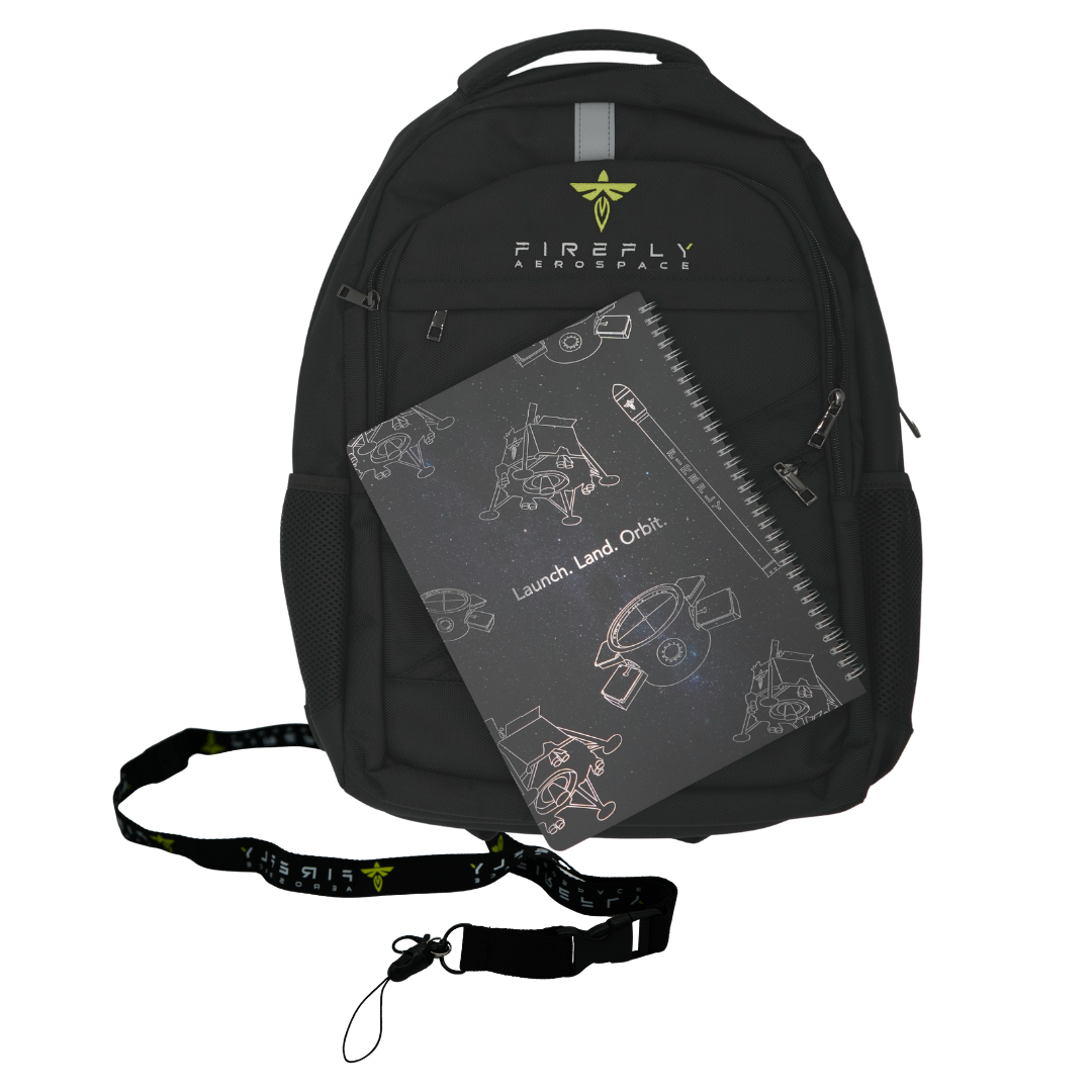 Firefly-Aerospace-Bundle-Pack-Backpack-Commuter-Firefly-Logo-Front-Black-Lanyard-Notebook-FLTA006-Flight-Patch-Message-In-A-Bottle